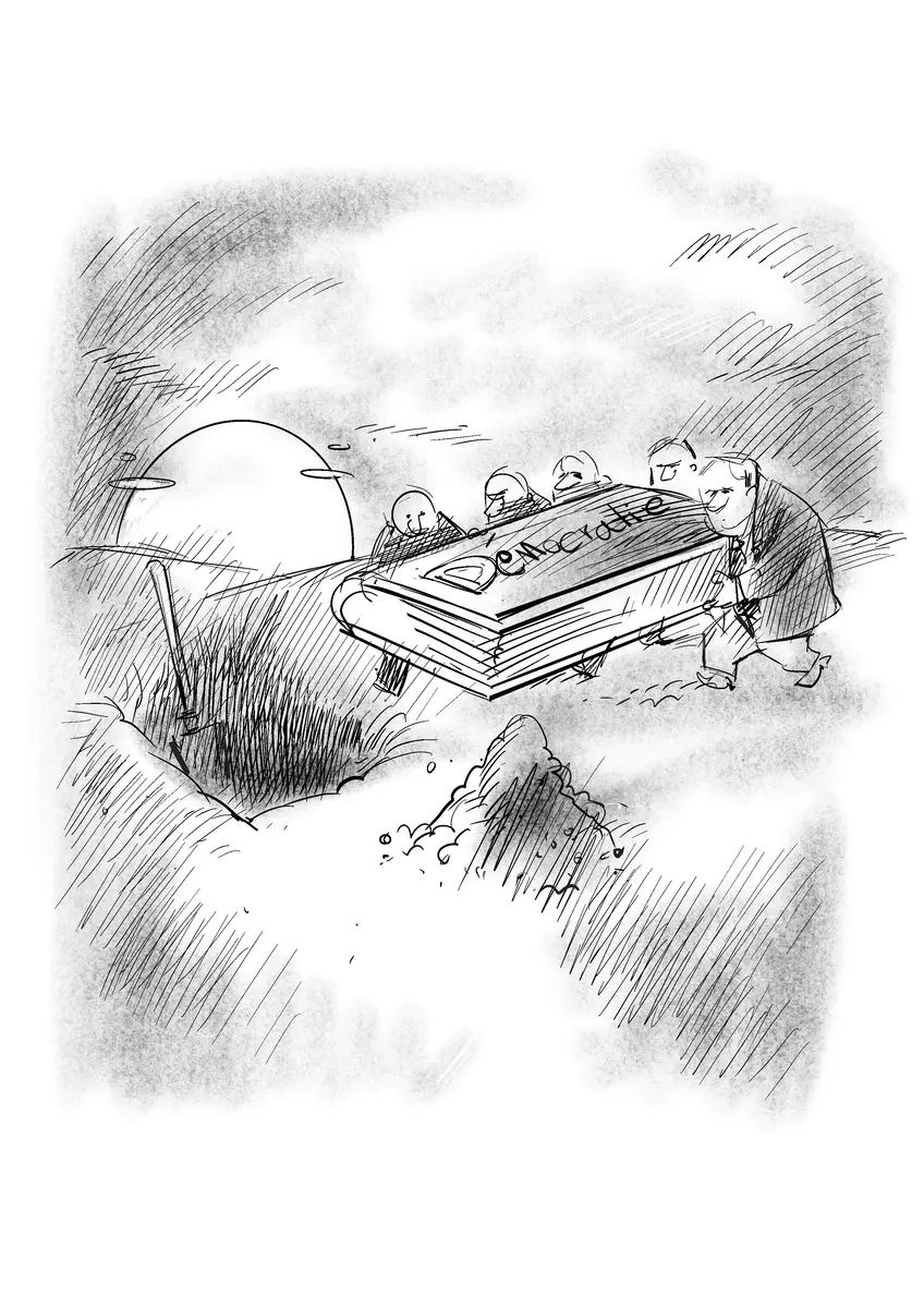 Personnages portant un cercueil inscrit « Démocratie » — dessin de Sana Hosseinpour