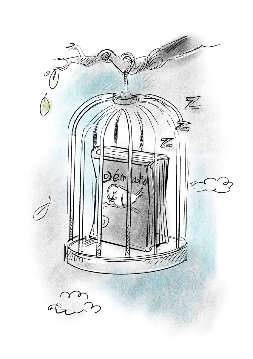 Cage à oiseaux suspendue avec un livre endormi à l'intérieur — dessin de Sana Hosseinpour