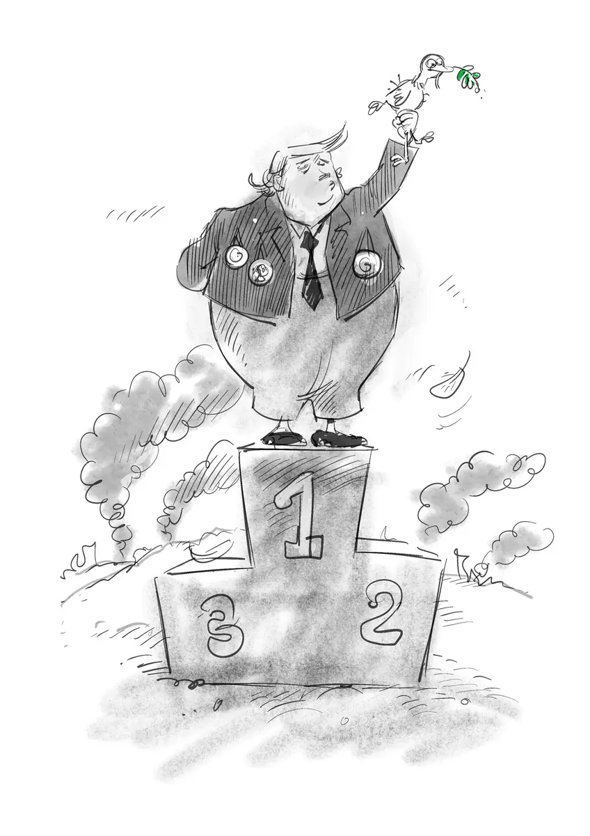 Caricature politique — personnage sur un podium tenant un oiseau — dessin de Sana Hosseinpour