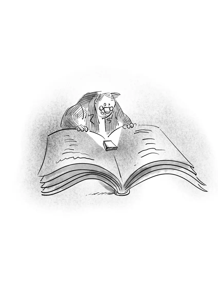 Personnage souriant regardant un mobile dans un grand livre ouvert — dessin de Sana Hosseinpour