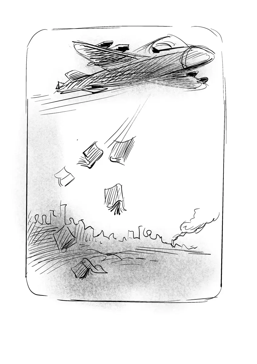 Avion larguant des livres sur une ville en ruine — dessin de Sana Hosseinpour
