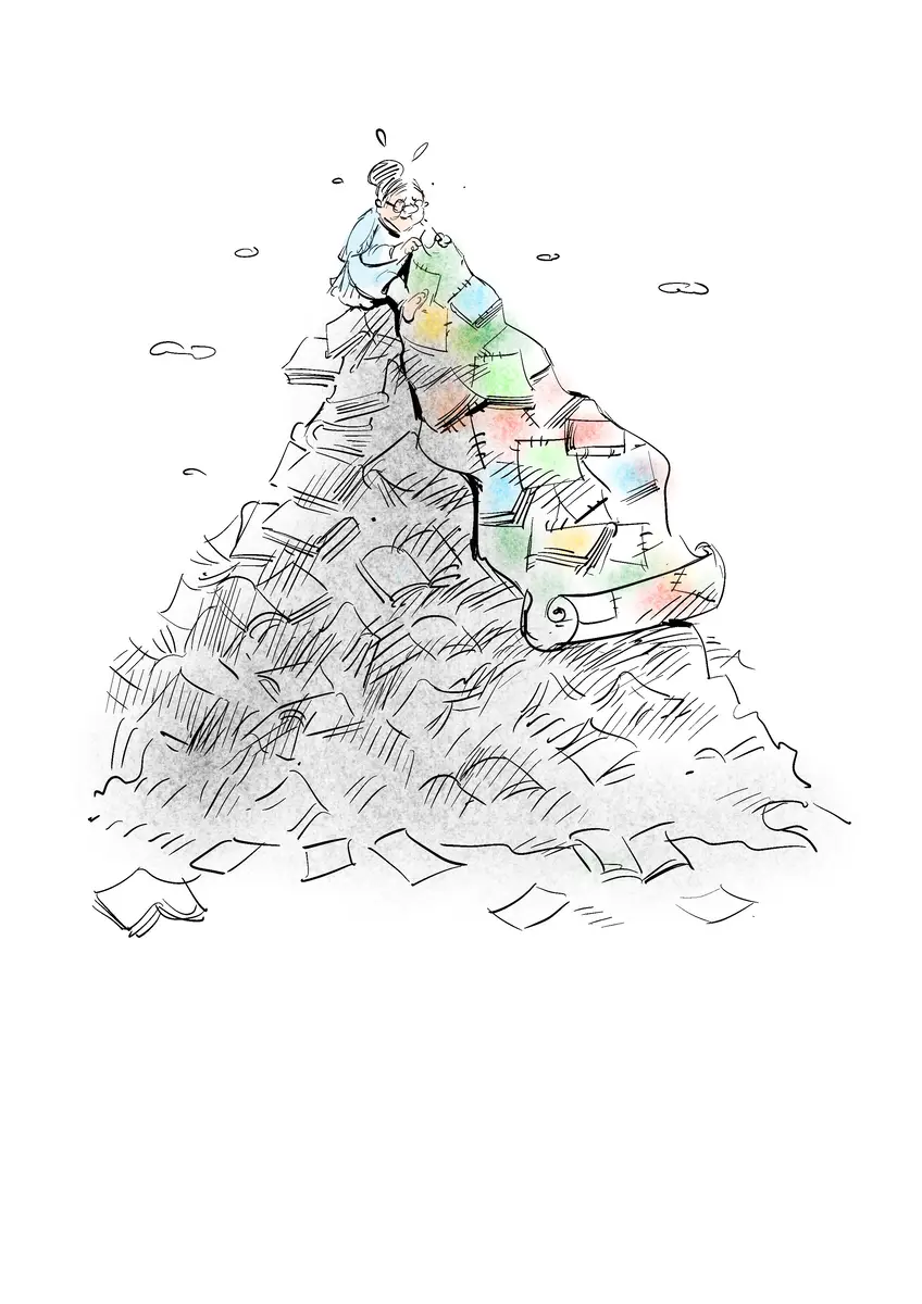 Dame assise au sommet d'une immense pile de livres colorés — dessin de Sana Hosseinpour