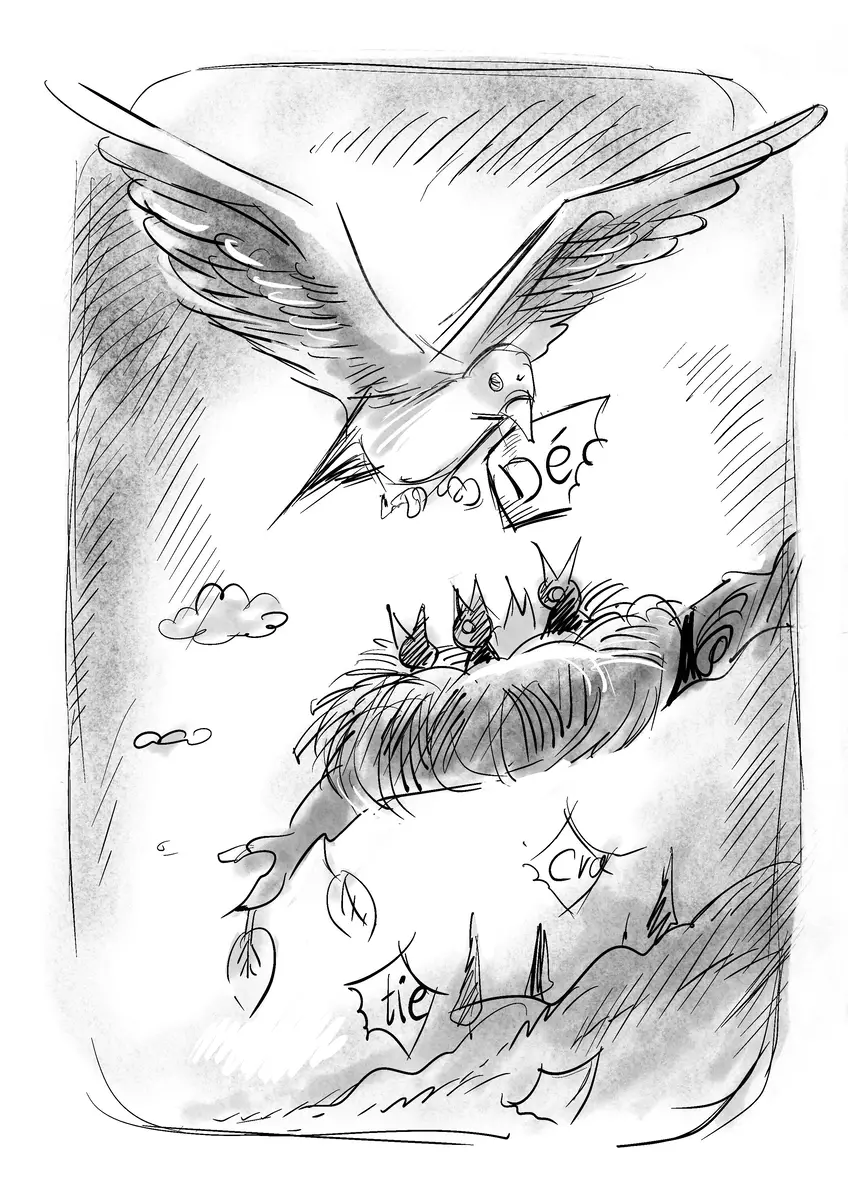 Colombe portant un message vers un nid de poussins — dessin de Sana Hosseinpour