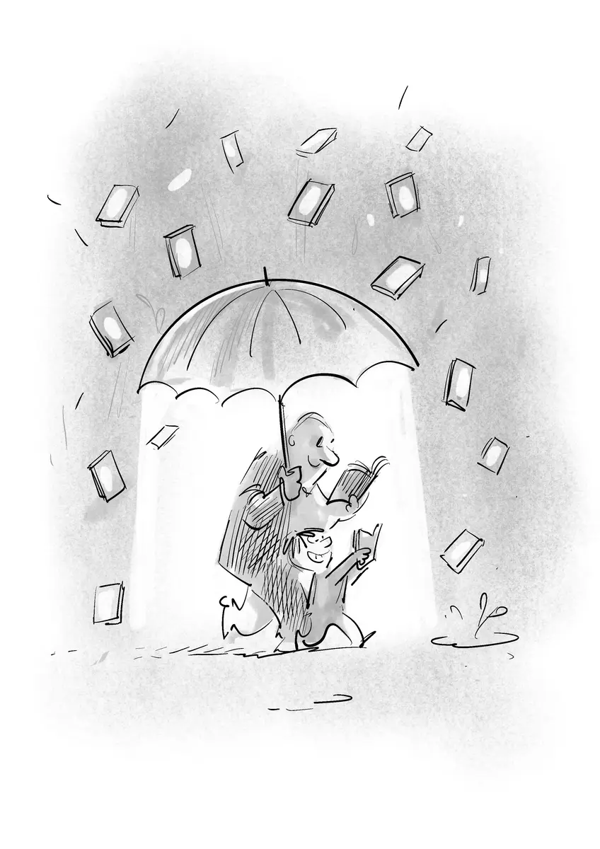 Père et enfant lisant sous un parapluie pendant qu'il pleut des livres — dessin de Sana Hosseinpour