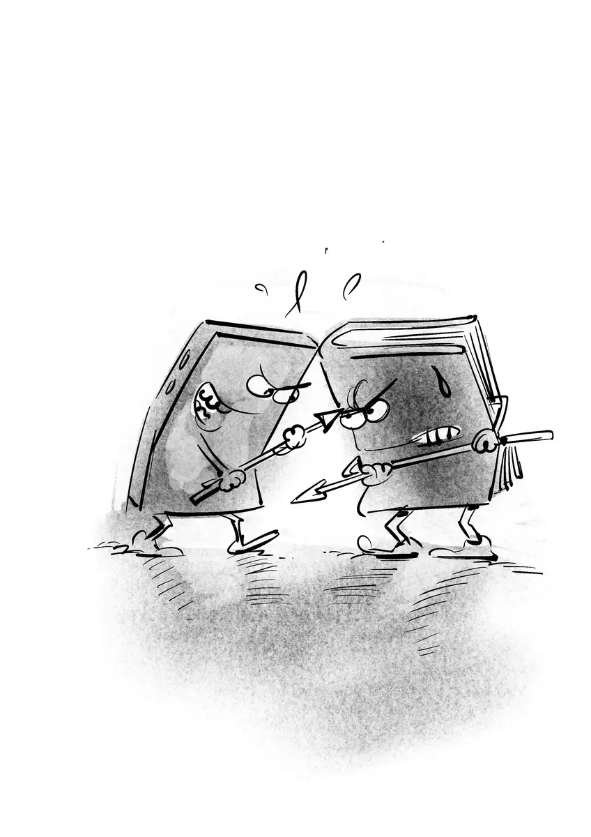 Smartphone et livre animés se défiant en duel — dessin de Sana Hosseinpour