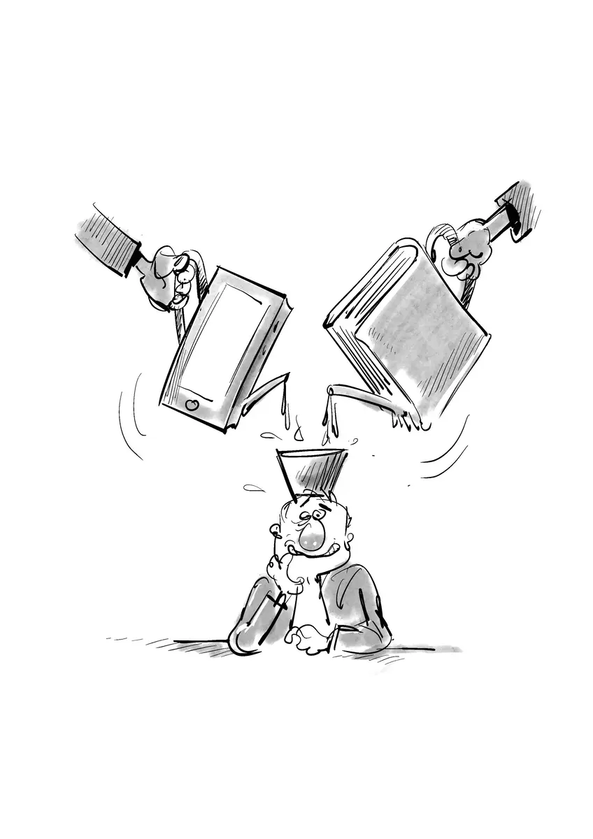 Personnage recevant le contenu d'un smartphone et d'un livre versés dans sa tête — dessin de Sana Hosseinpour