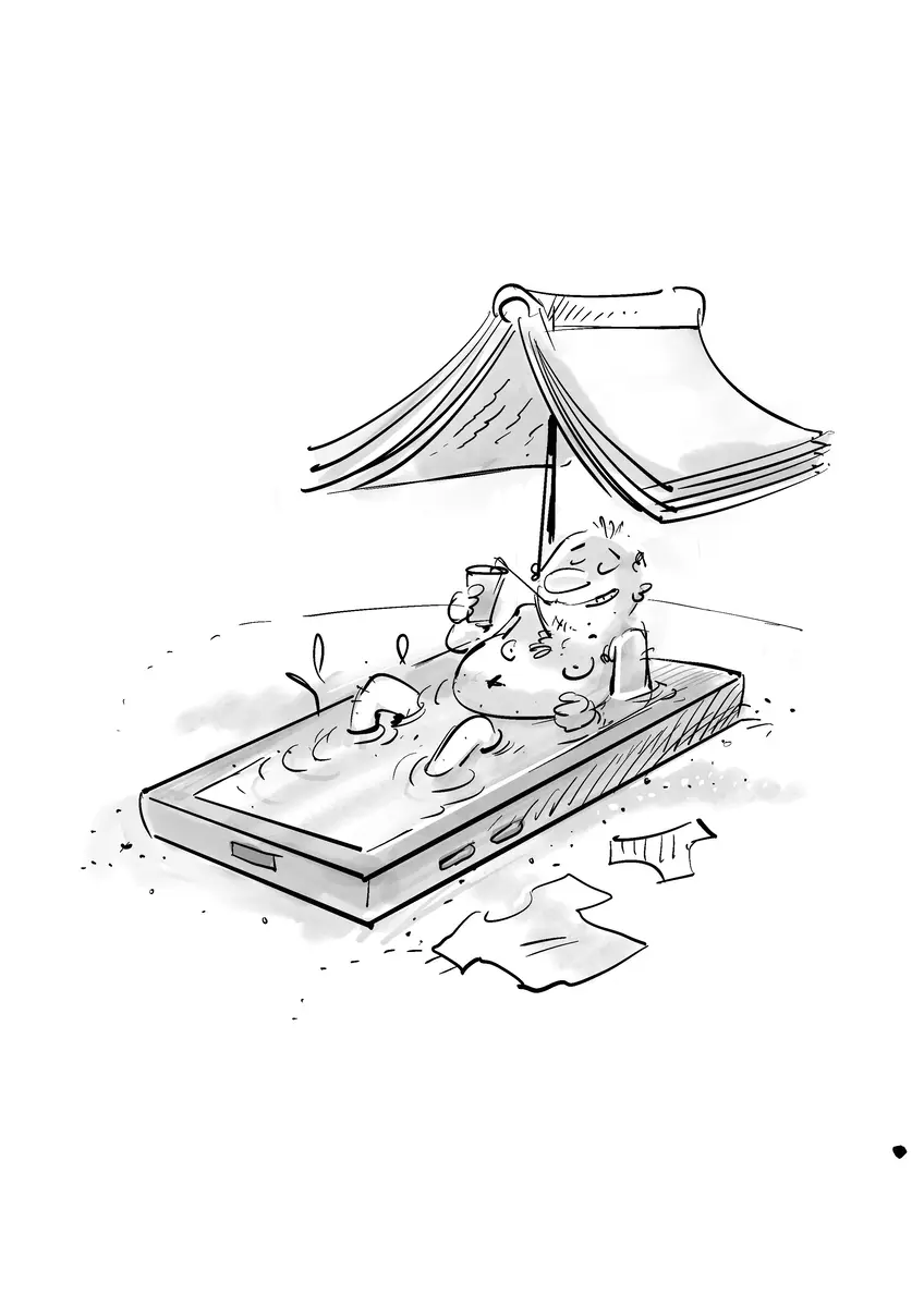 Personnage se relaxant sur un smartphone-plage sous un livre-parasol — dessin de Sana Hosseinpour