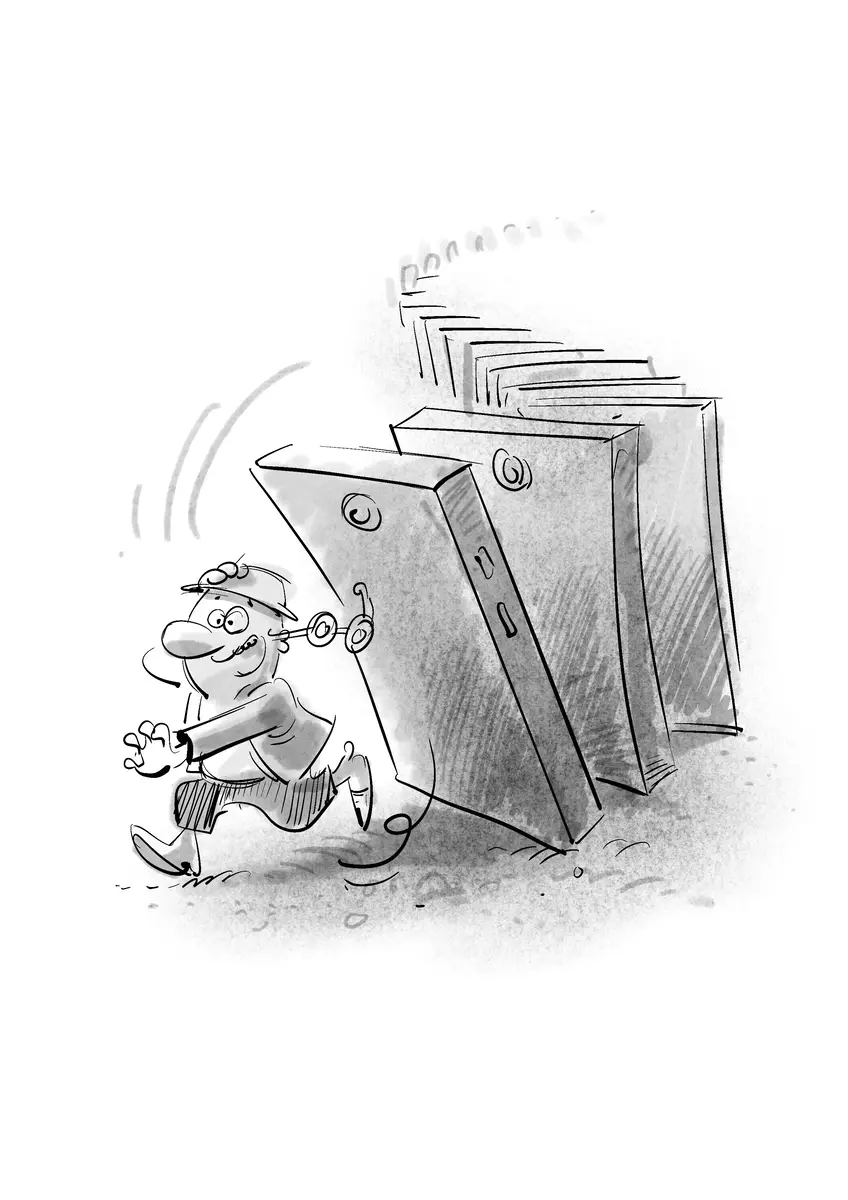 Cascade de smartphones en dominos, personnage courant pour s'enfuir — dessin de Sana Hosseinpour