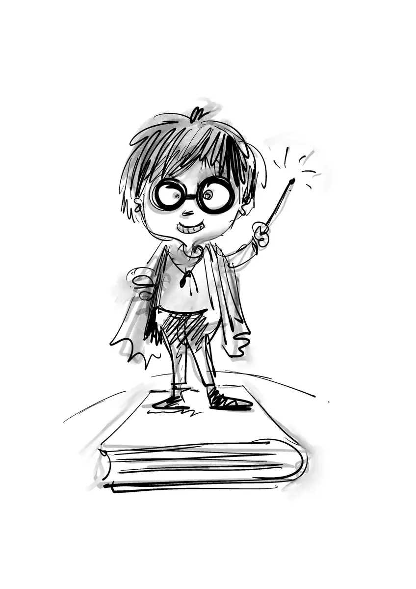 Enfant à lunettes rondes et baguette magique debout sur un livre — dessin de Sana Hosseinpour