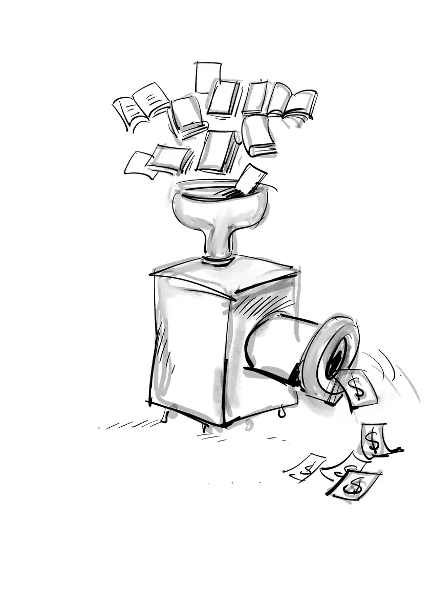 Machine broyant des livres pour produire des billets de dollars — caricature éditoriale de Sana Hosseinpour