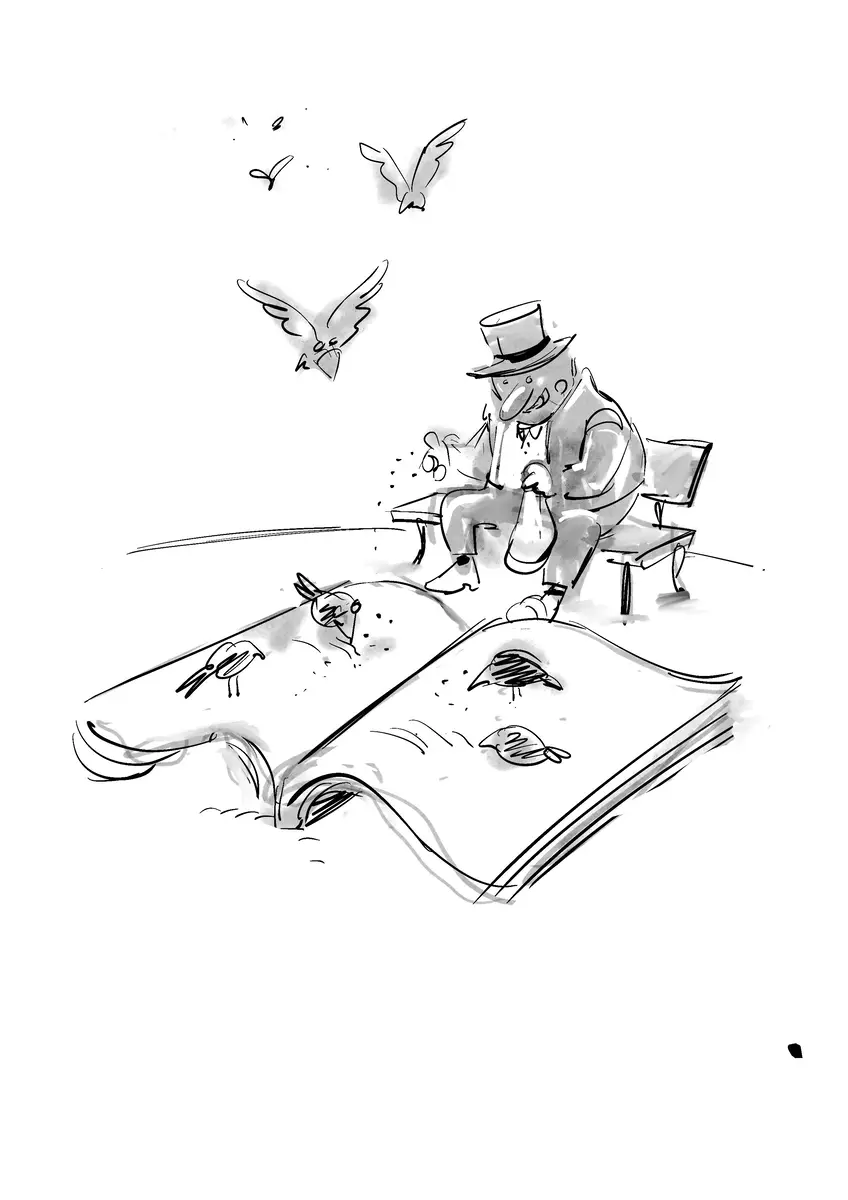 Gentleman nourrissant des oiseaux avec les pages d'un grand livre — dessin de Sana Hosseinpour