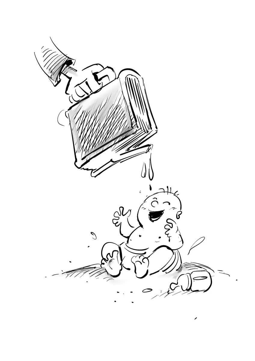 Livre-douche arrosant un bébé ravi — dessin de Sana Hosseinpour