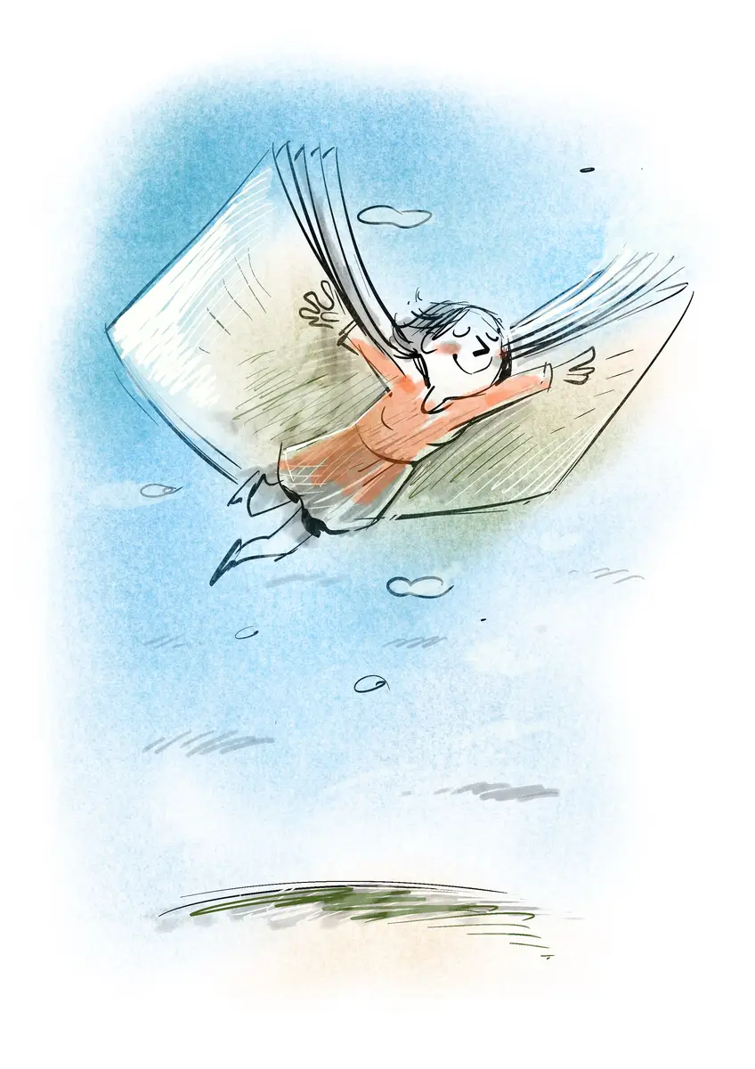Enfant volant sur un livre comme sur un tapis magique — aquarelle de Sana Hosseinpour