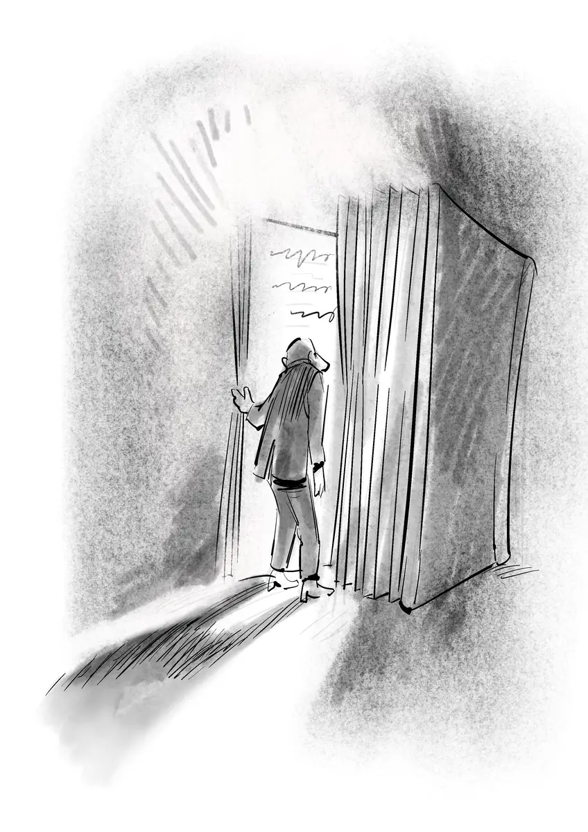 Personnage ouvrant une grande porte-livre vers la lumière — dessin de Sana Hosseinpour