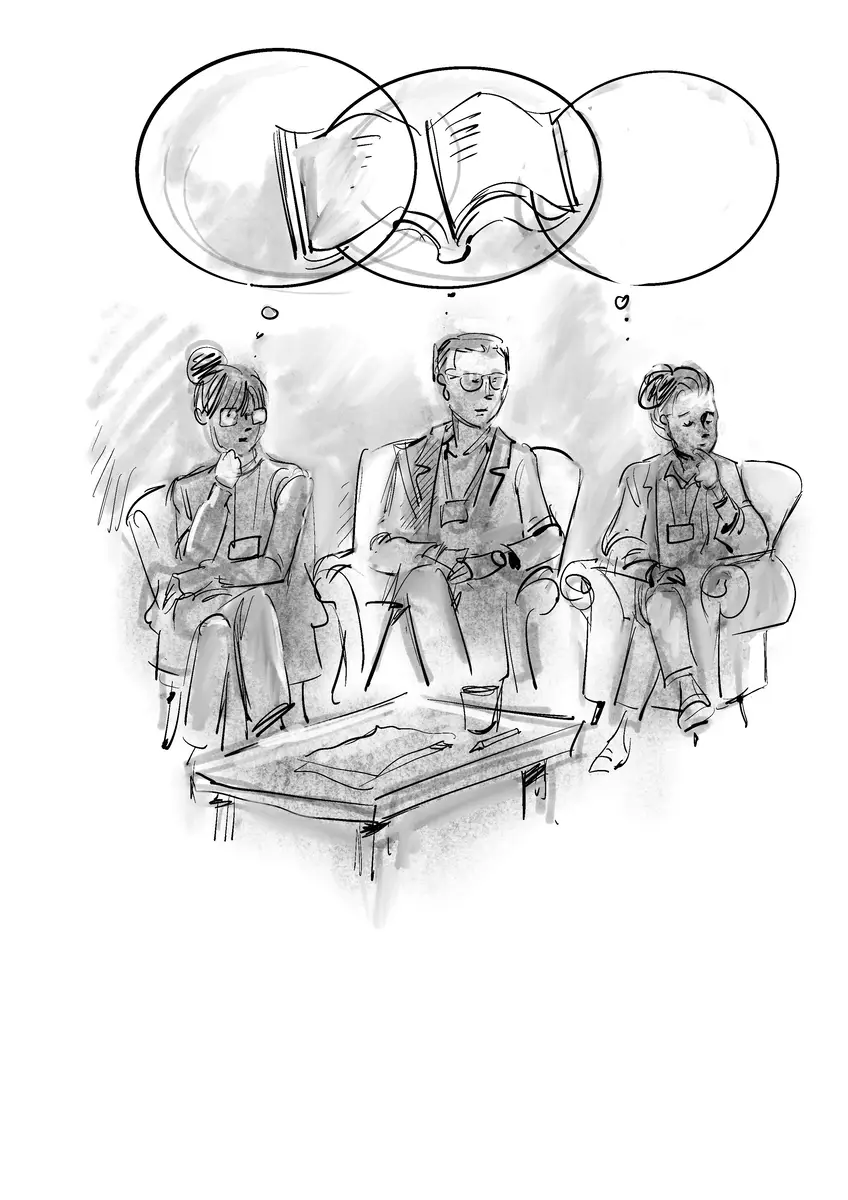 Trois personnes en réunion imaginant livres et smartphones — dessin de Sana Hosseinpour