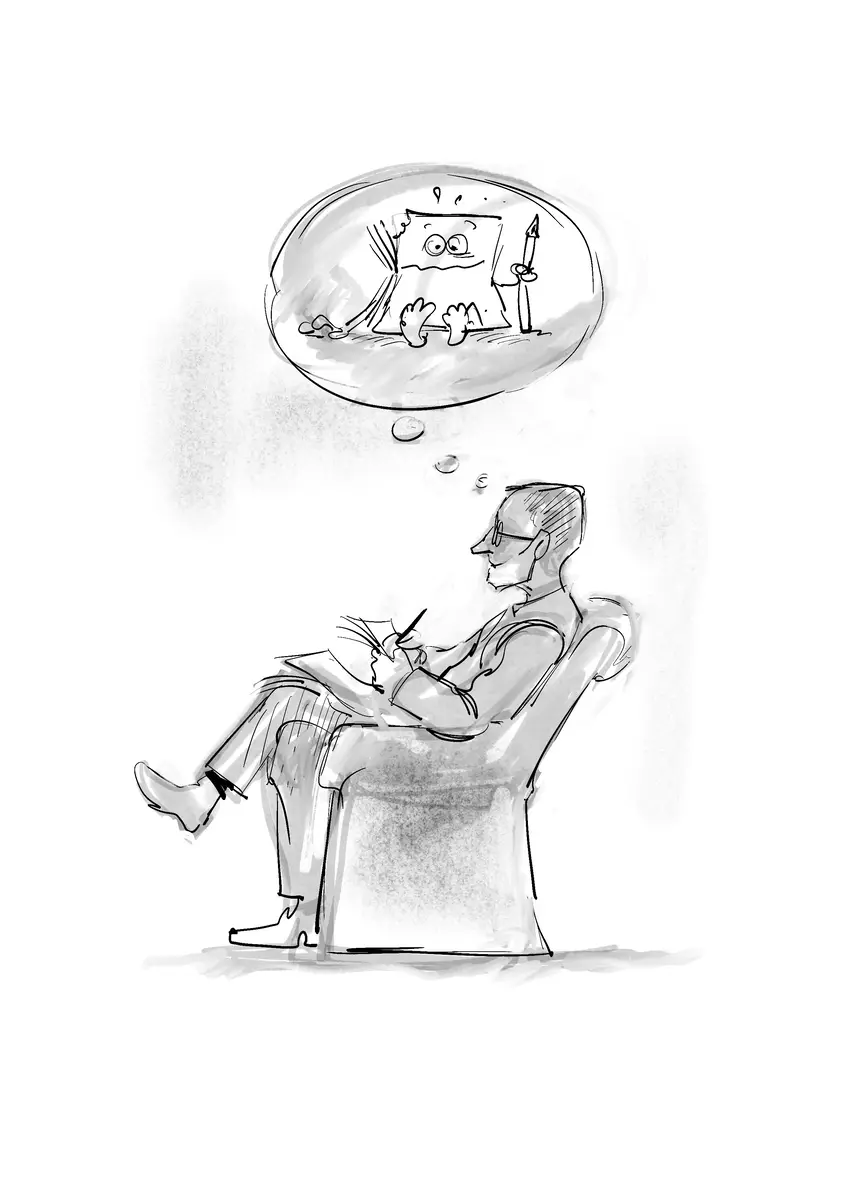 Homme dans un fauteuil imaginant un tableau animé — illustrateur au travail, dessin de Sana Hosseinpour