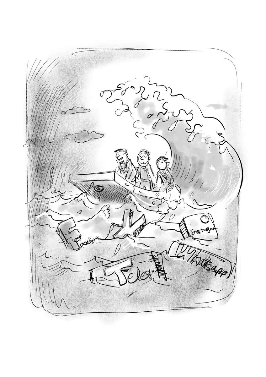 Personnages naufragés sur un smartphone, logos de réseaux sociaux à la dérive — dessin de Sana Hosseinpour