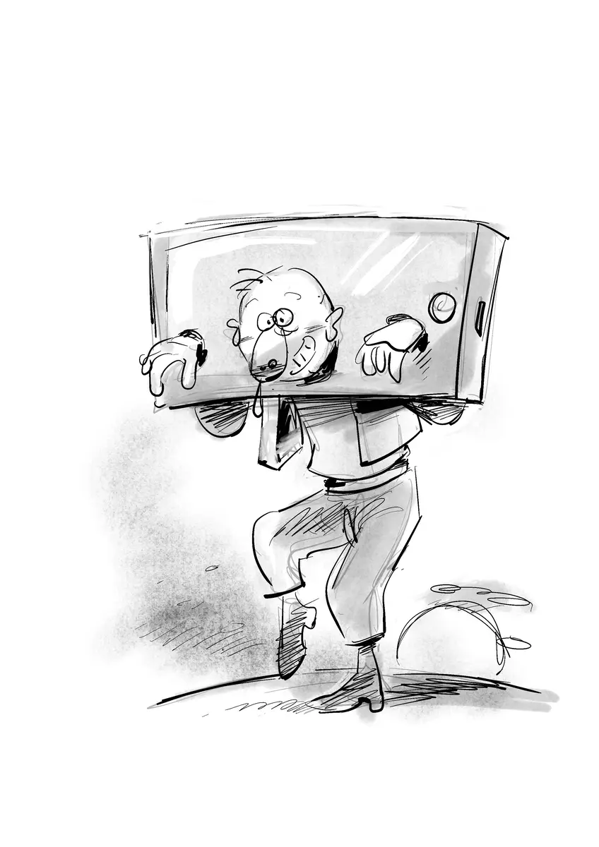 Homme dont la tête est coincée dans un smartphone — addiction aux écrans, dessin de Sana Hosseinpour