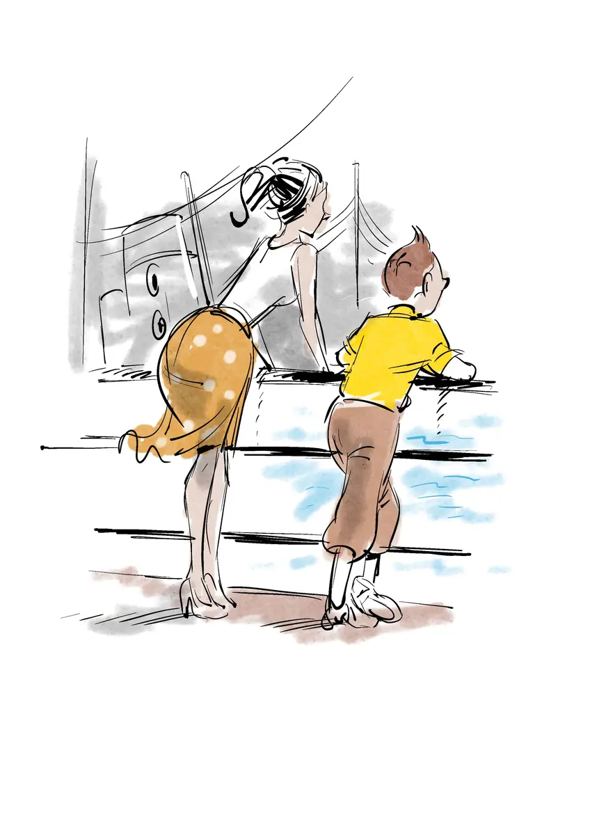 Deux personnes au bord d'un navire regardant la mer — illustration colorée de Sana Hosseinpour