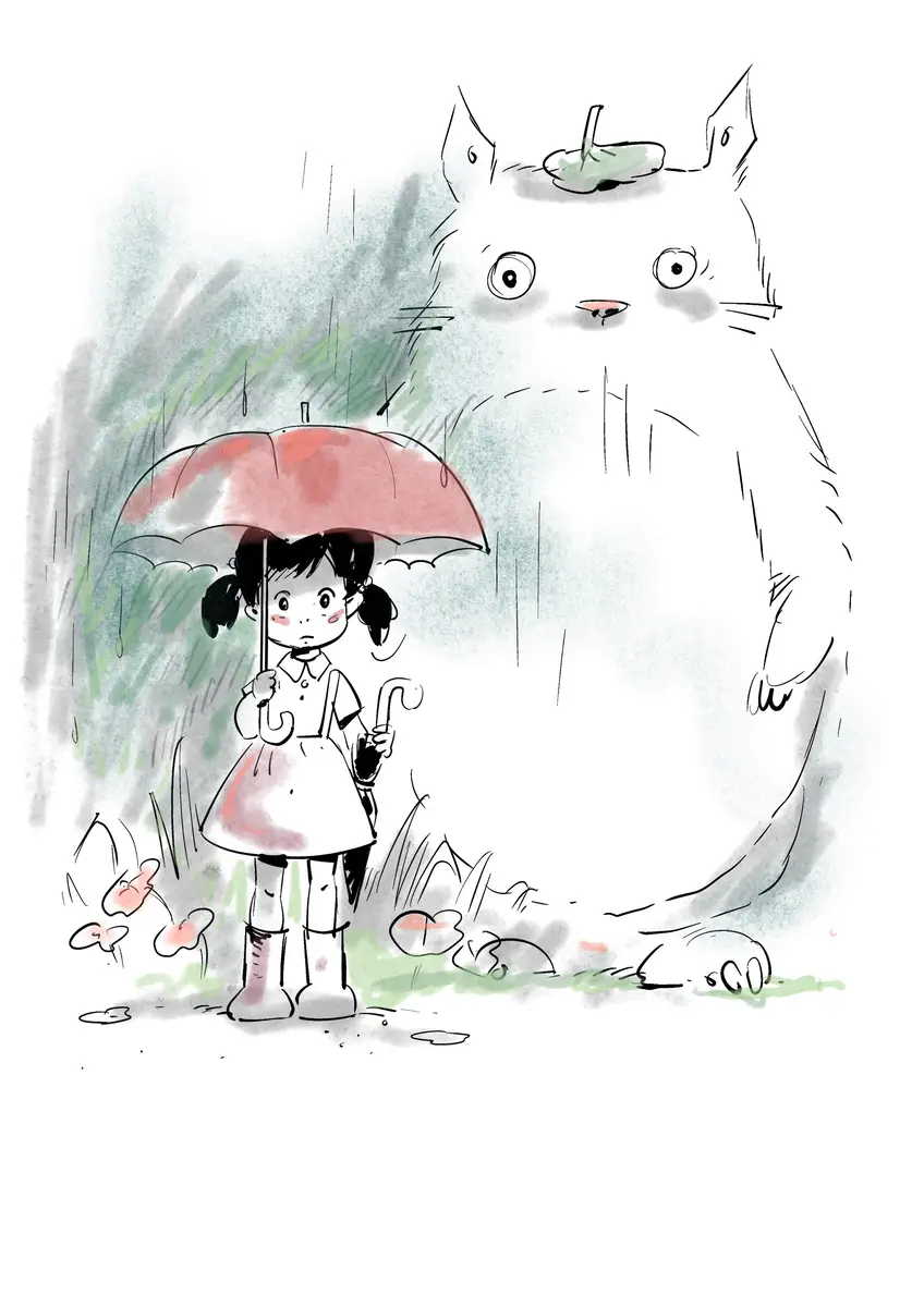 Petite fille au parapluie rouge sous la pluie à côté d'un grand animal doux — inspiré de Totoro, dessin de Sana Hosseinpour