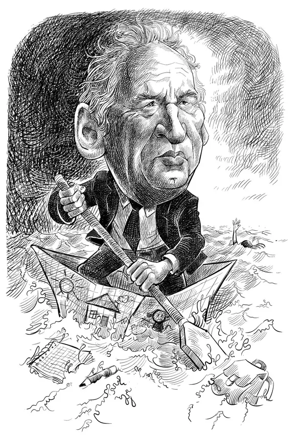 Caricature expressive — homme naviguant dans une barque en papier, dessin de Sana Hosseinpour