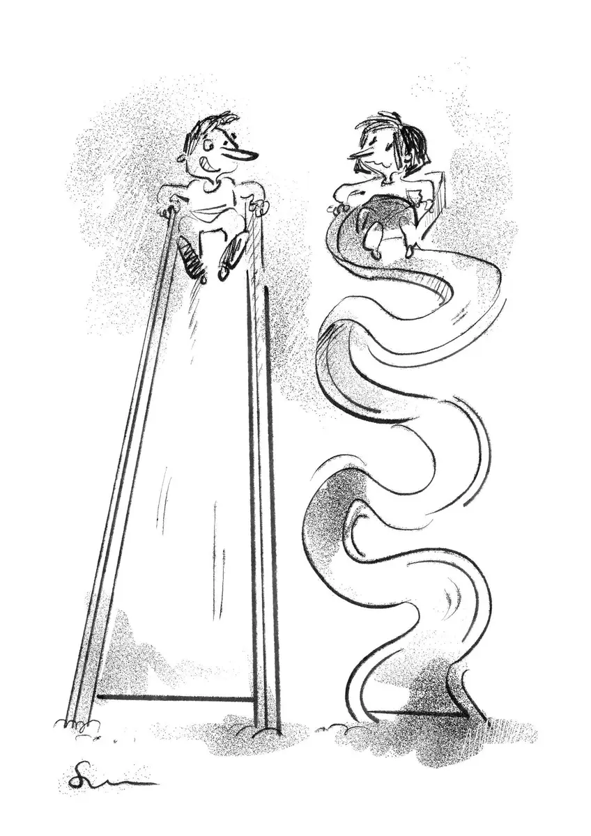 Deux personnages sur des toboggans parallèles — un droit, l'autre sinueux, dessin de Sana Hosseinpour