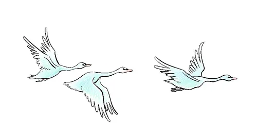 Trois cygnes en vol — aquarelle bleutée de Sana Hosseinpour