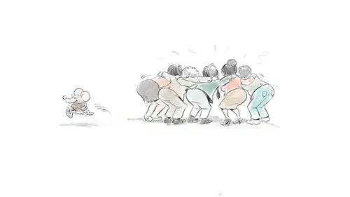 Souris cartoon courant vers un groupe de personnages en mêlée — facilitation graphique de Sana Hosseinpour