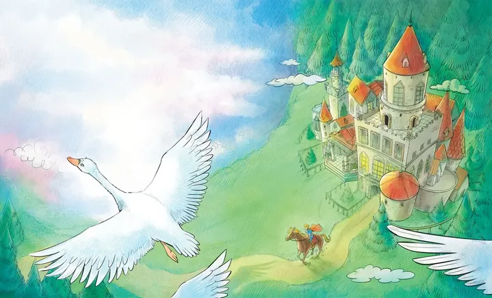 Le Lac des Cygnes — cygne et château royal, aquarelle, Sana Hosseinpour