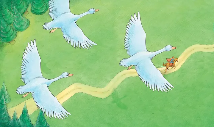 Le Lac des Cygnes — cygnes en vol au-dessus de la campagne, aquarelle, Sana Hosseinpour