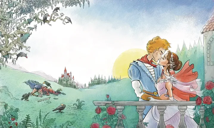 Le Lac des Cygnes — baiser du prince et de la princesse sur le balcon fleuri, aquarelle, Sana Hosseinpour