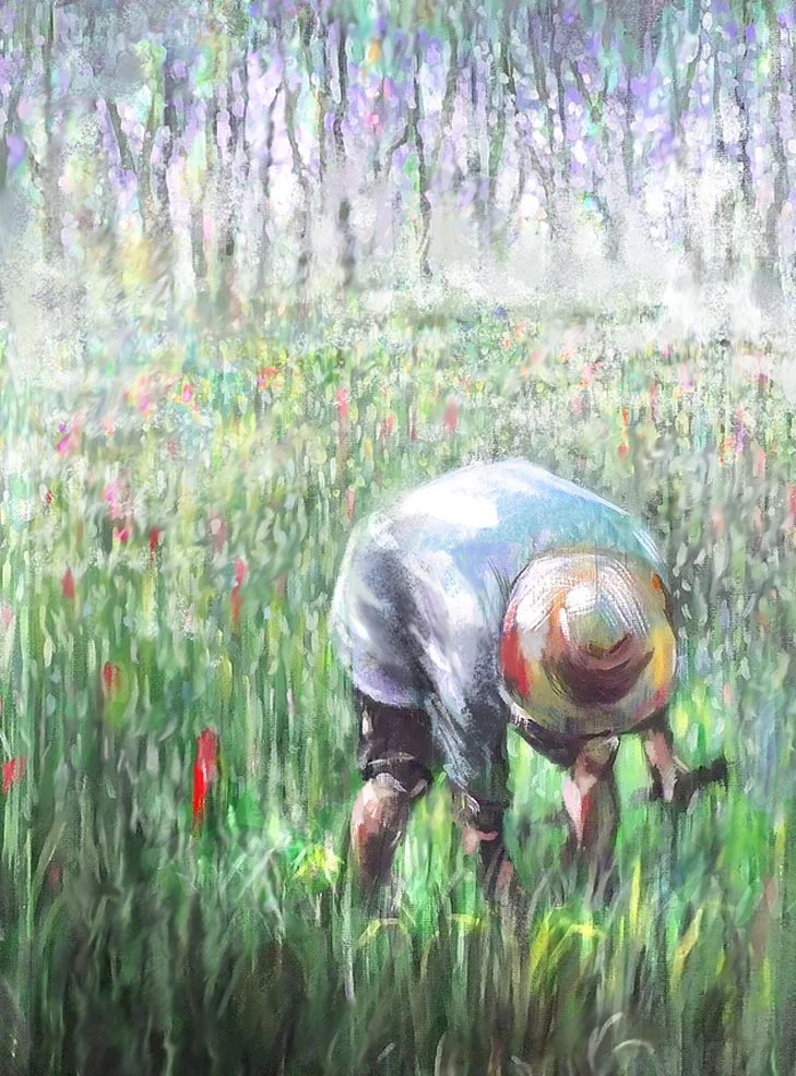 Personnage dans un champ de fleurs — peinture acrylique, Sana Hosseinpour