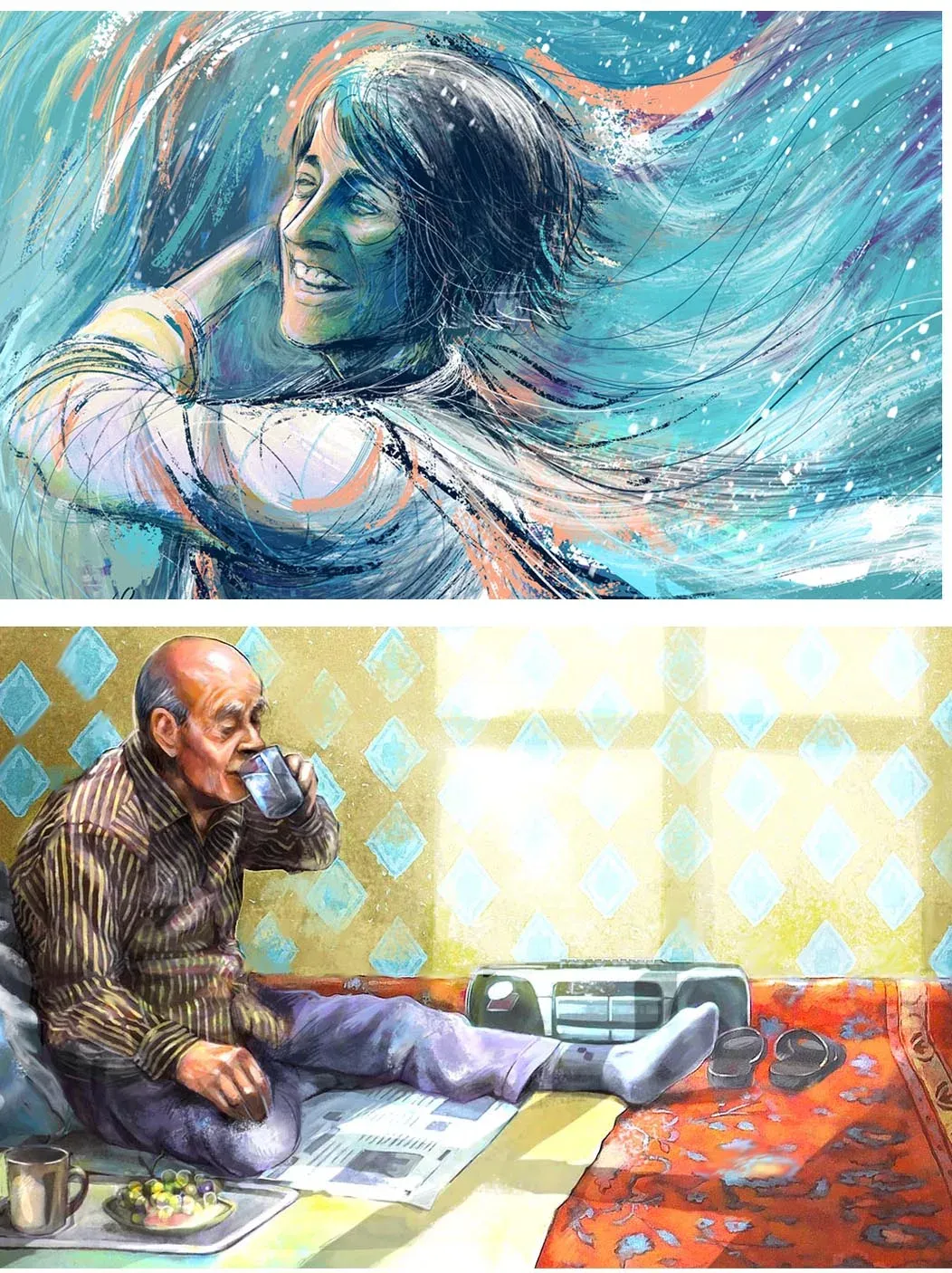 Illustrations numériques — portrait féminin et scène de vie quotidienne, Sana Hosseinpour