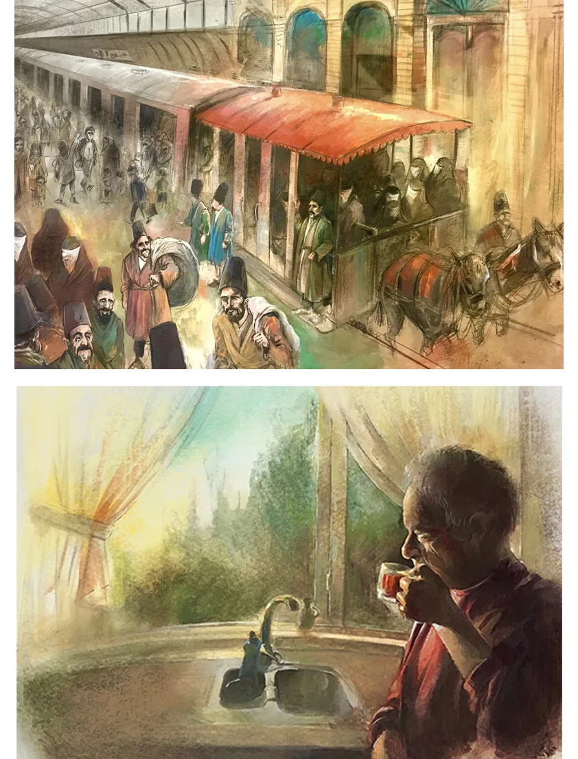 Illustrations — scène de gare animée et moment de contemplation, Sana Hosseinpour