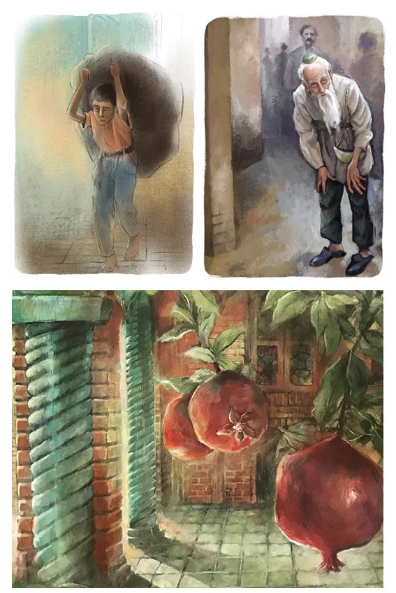 Illustrations — scènes de vie quotidienne et grenadier en cour intérieure, Sana Hosseinpour