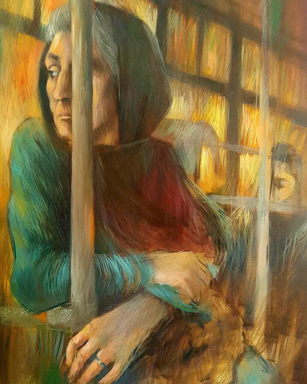 Portrait féminin contemplatif — peinture acrylique, Sana Hosseinpour