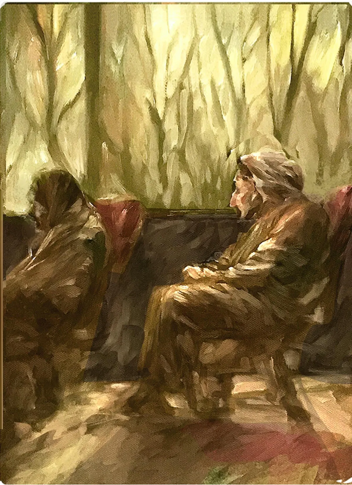 Deux femmes assises, scène d'intérieur — peinture à l'huile, Sana Hosseinpour