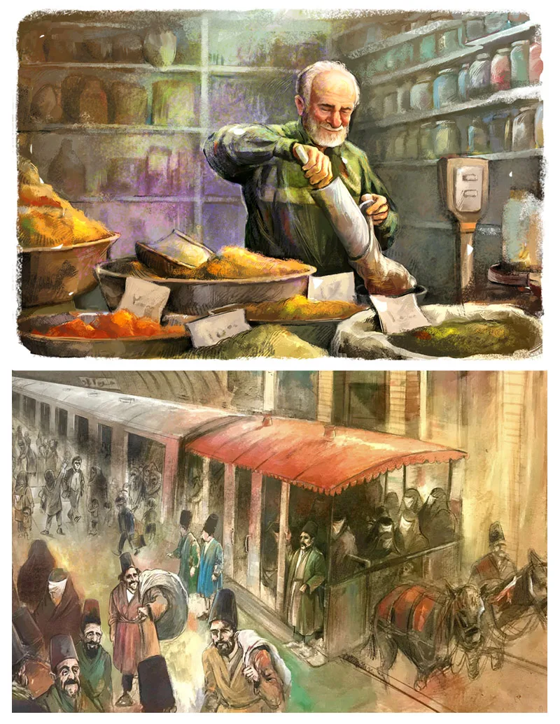Illustrations — marchand d'épices et scène de rue animée, Sana Hosseinpour