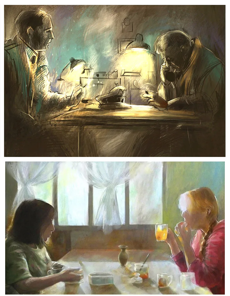 Illustrations — scène familiale sous la lampe et jeunes filles au thé, Sana Hosseinpour