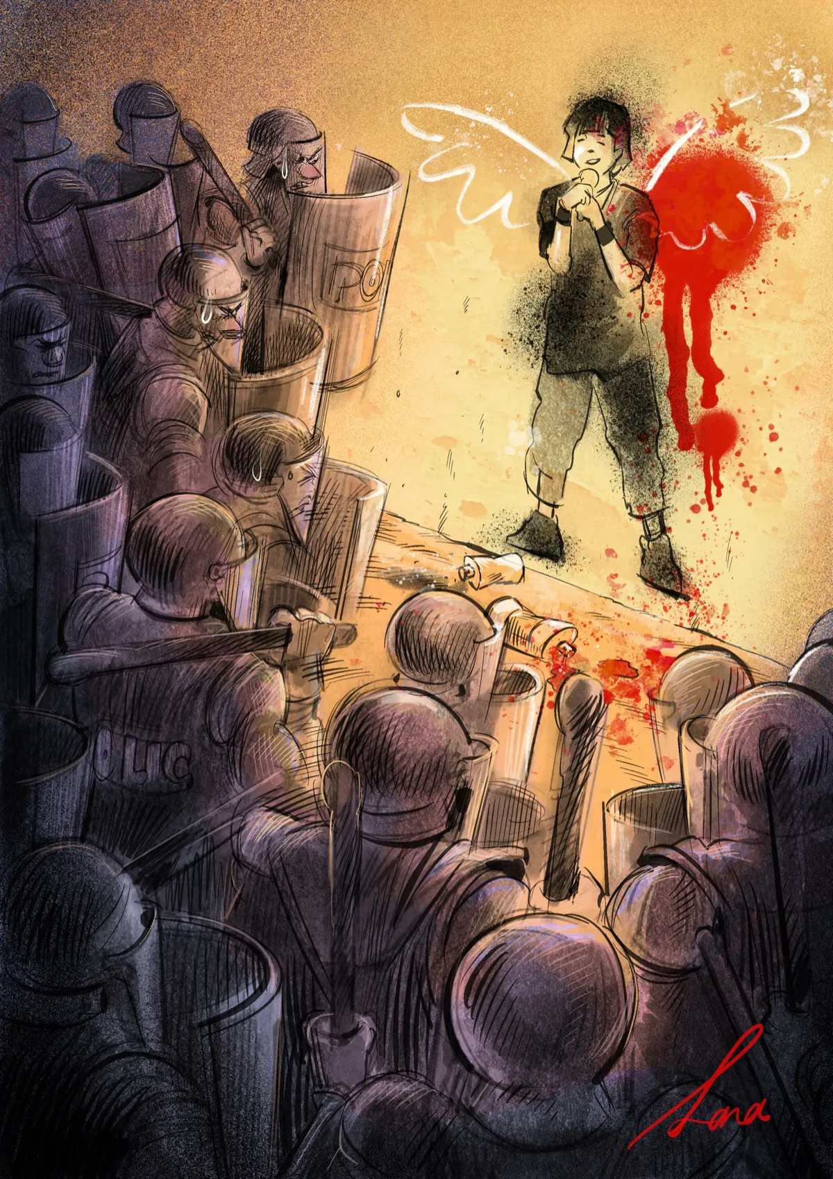 Illustration éditoriale — figure solitaire face à une foule, Sana Hosseinpour