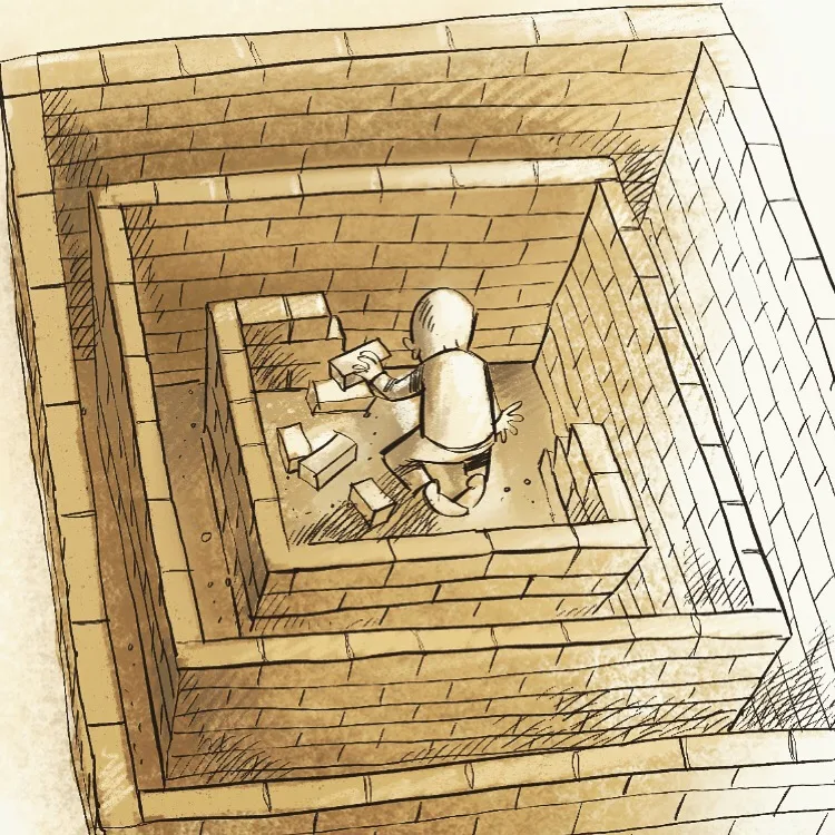 Illustration — enfant isolé dans un labyrinthe de briques, Sana Hosseinpour