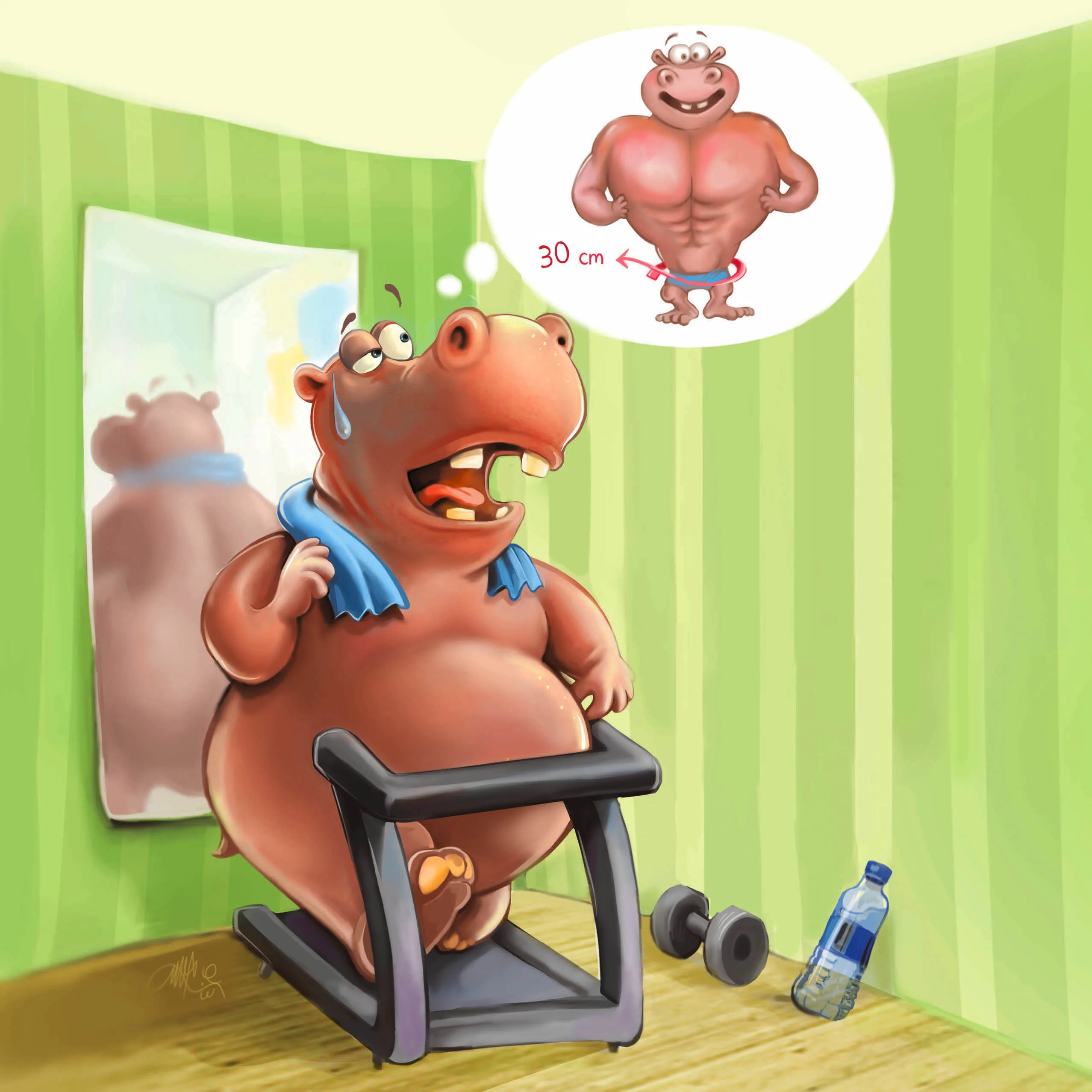 Illustration humoristique — hippopotame à la salle de sport rêvant d'être musclé, Sana Hosseinpour