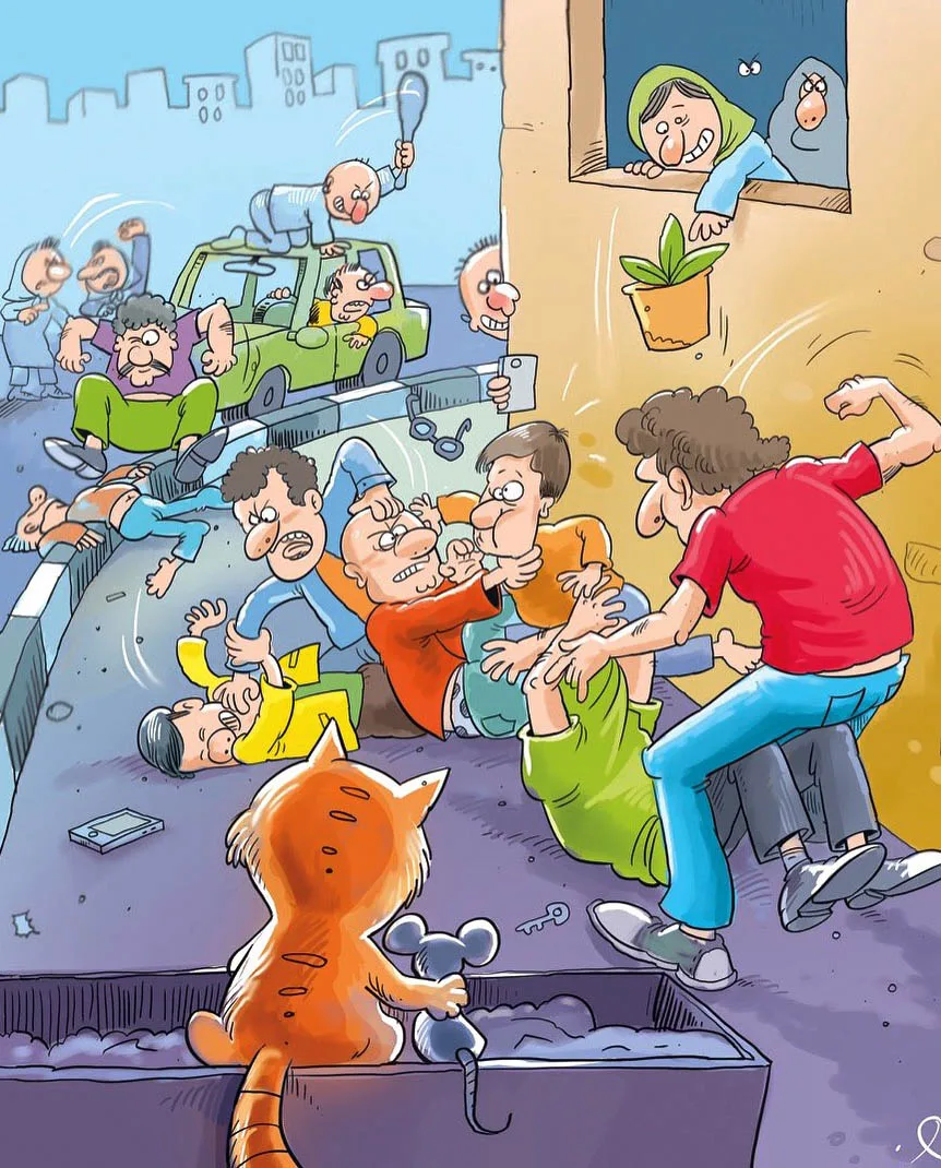 Illustration humoristique — dispute de rue et chat spectateur, Sana Hosseinpour