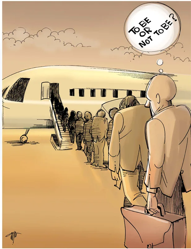 Illustration éditoriale — passager hésitant devant un avion, Sana Hosseinpour