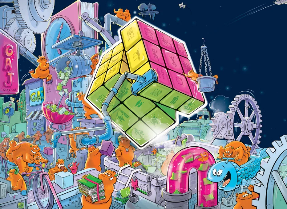 Illustration — cube Rubik géant dans un univers fantaisiste, Sana Hosseinpour