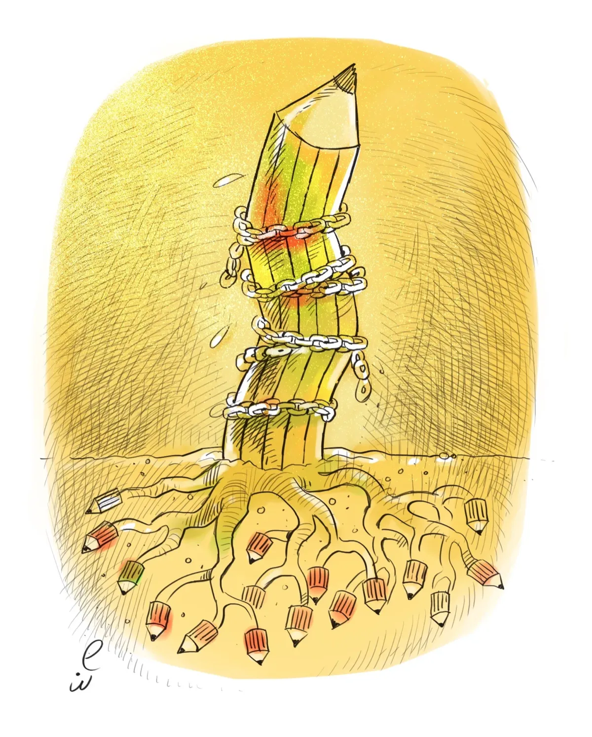 Illustration — crayons enchaînés formant une tour, Sana Hosseinpour