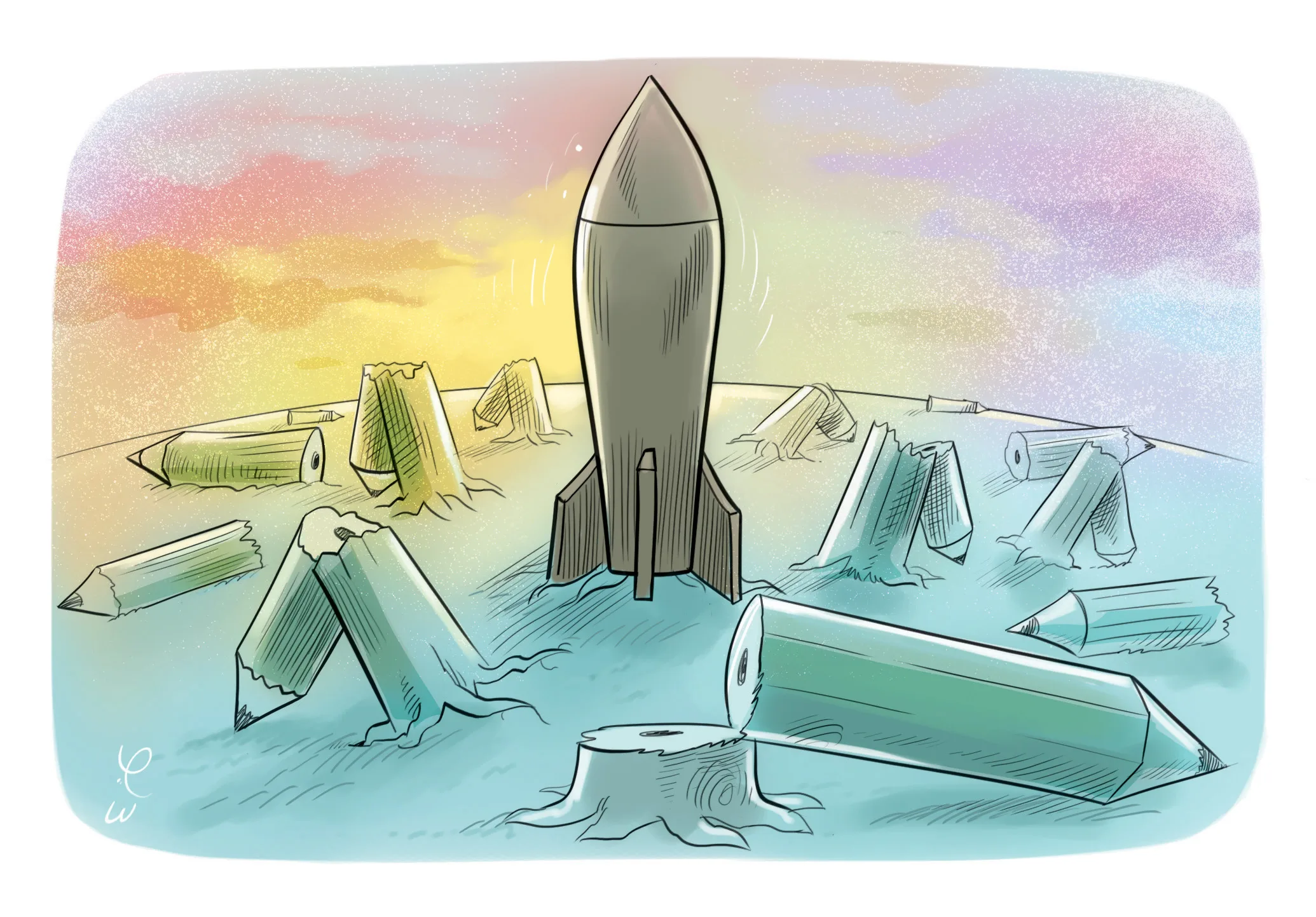 Illustration éditoriale — fusée entourée de crayons brisés, Sana Hosseinpour