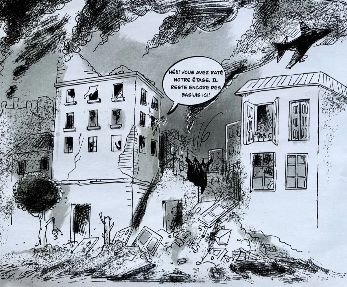 Caricature — bâtiments détruits, dessin anti-guerre, Sana Hosseinpour