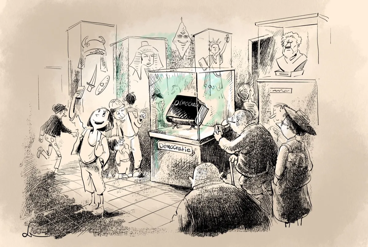 Illustration — assemblée autour d'une urne électorale, Sana Hosseinpour