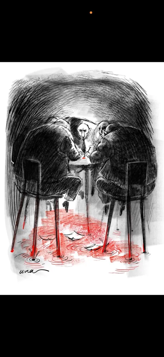 Illustration éditoriale — deux figures à une table de négociation, Sana Hosseinpour